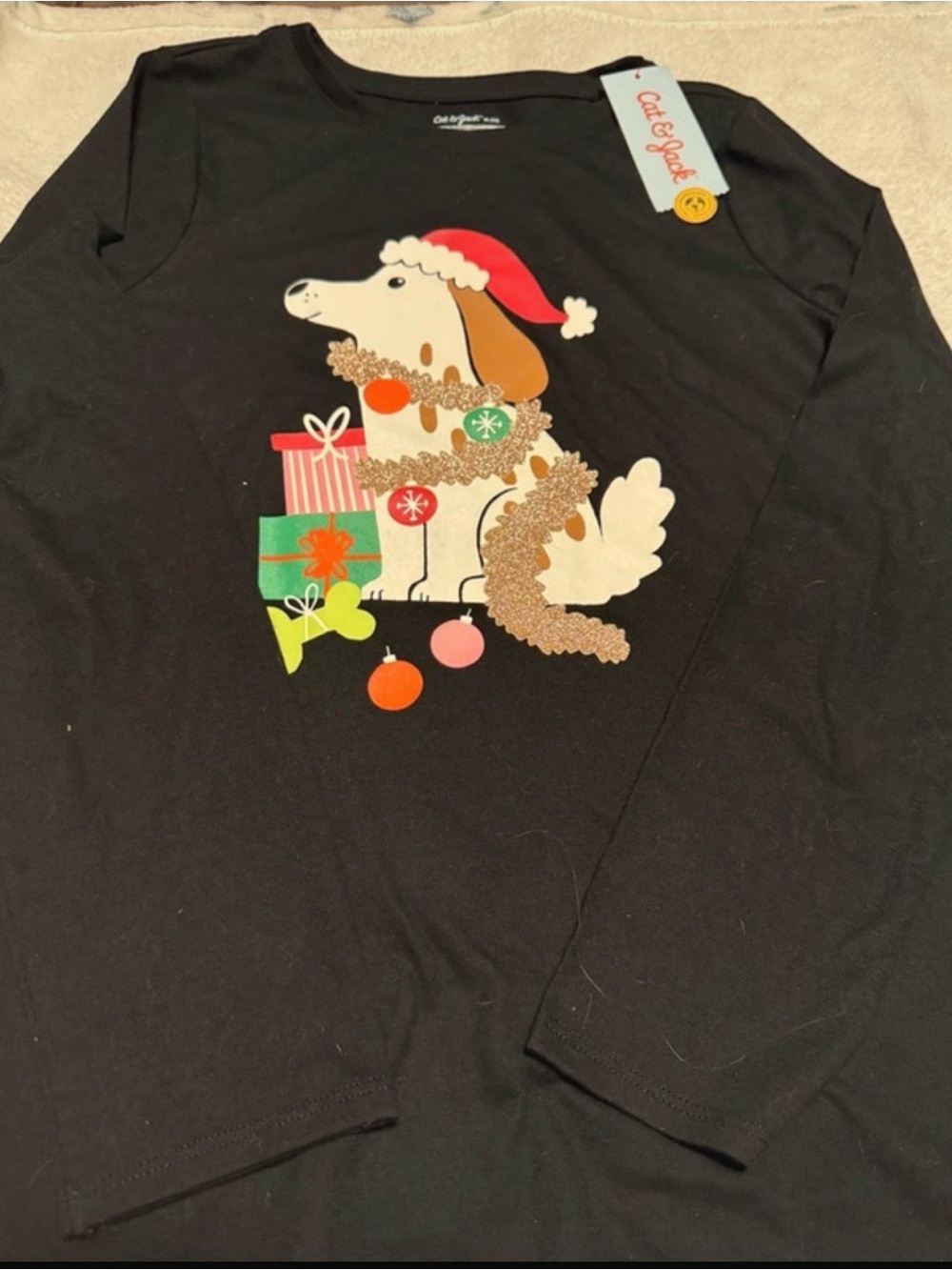 Cat & Jack Black Holiday Dog Graphic Long Sleeve Tee with Red and Green Accents